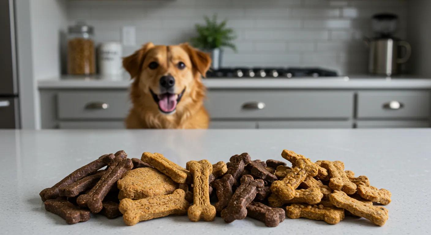a vibrant kitchen scene showcases a dog eagerly wagging its tail next to a countertop filled with an assortment of homemade crunchy dog treats, emphasizing the joyful bond between pets and their healthy snacks. a vibrant kitchen scene showcases a dog eagerly wagging its tail next to a countertop filled with an assortment of homemade crunchy dog treats, emphasizing the joyful bond between pets and their healthy snacks.