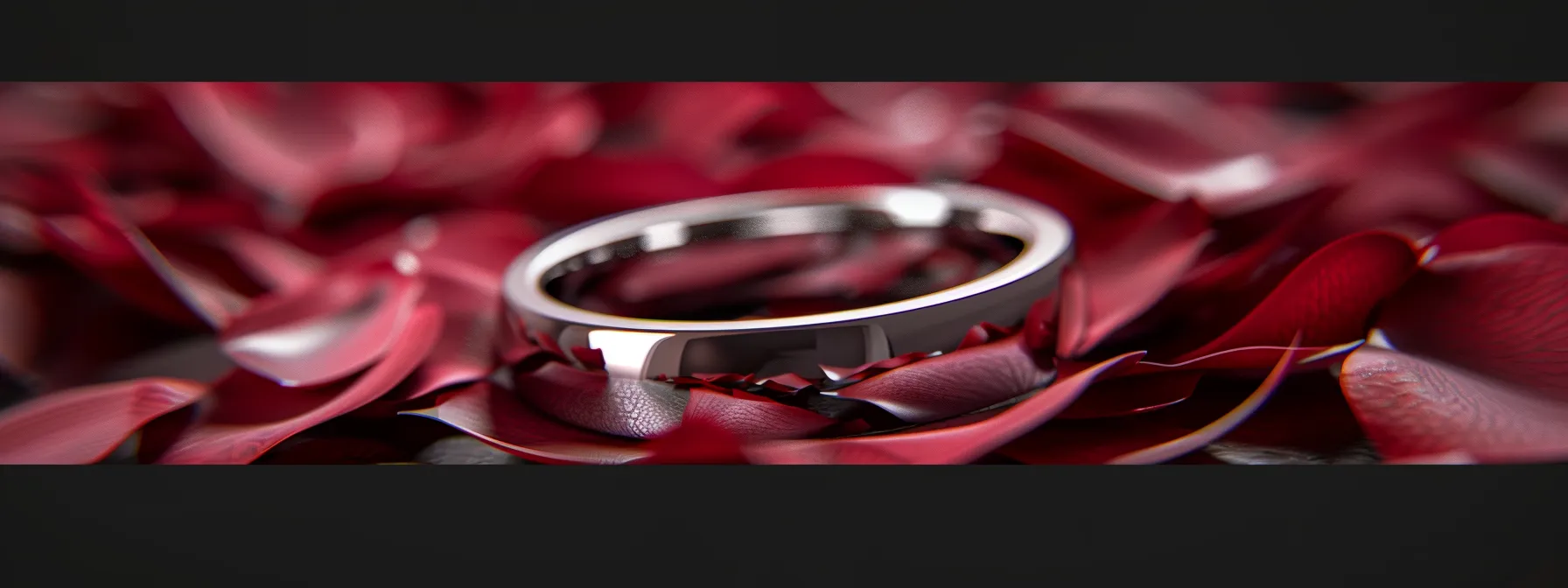 a sleek and modern titanium men's wedding band resting on a bed of rose petals.