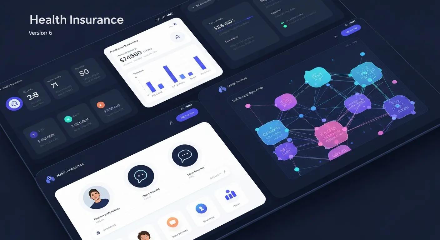 Digital interface showcasing AI applications in health insurance, including claims triage and fraud detection