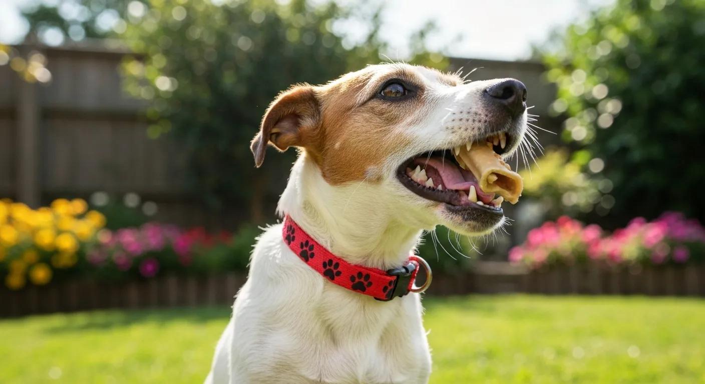 A happy dog wearing a stylish collar and playing with a chew toy in a sunny outdoor setting