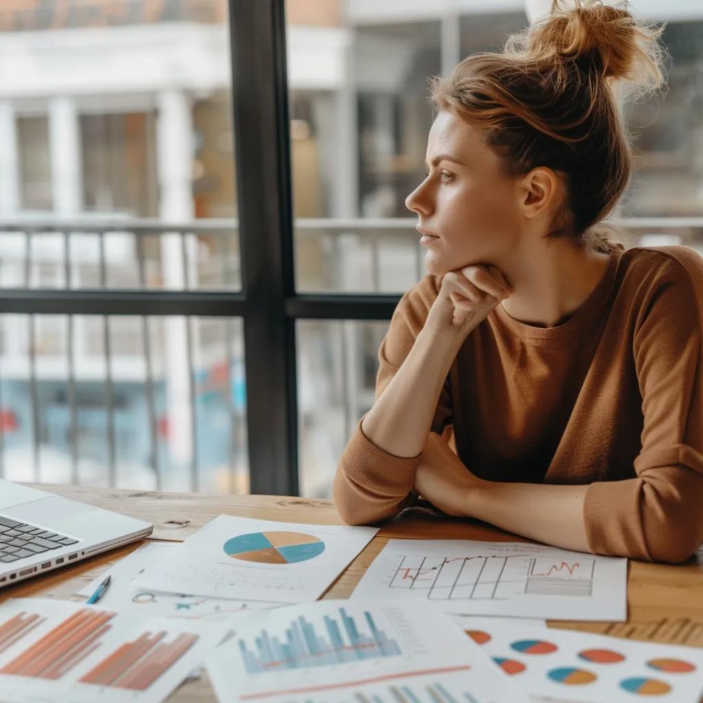 Business owner contemplating agency selection with marketing materials