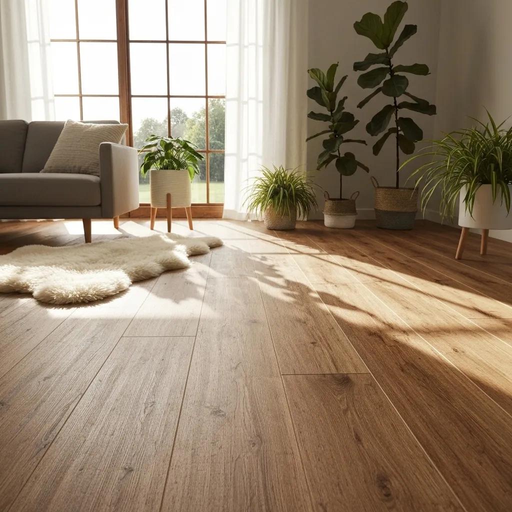 A beautifully maintained engineered wood floor bathed in natural light within a cosy living space