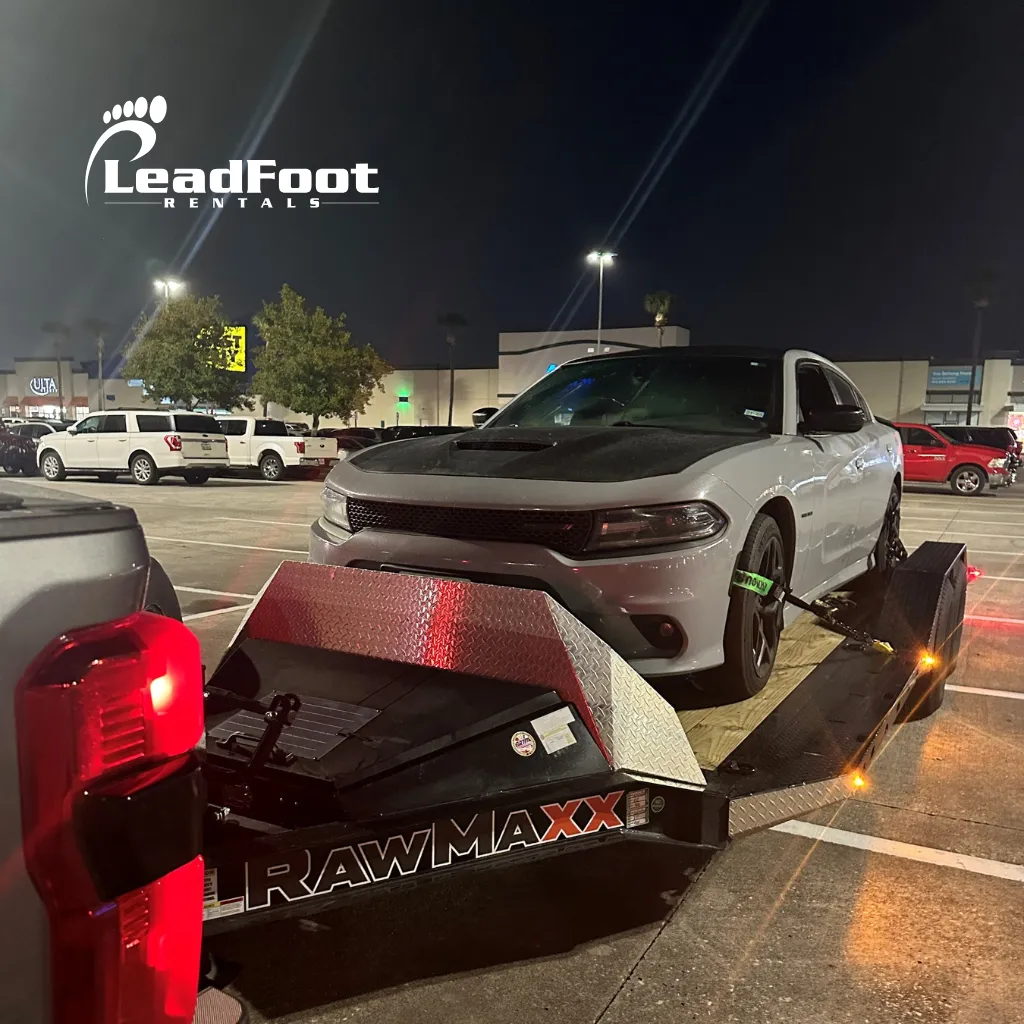 Leadfoot Rental Car Hauler loaded with a Dodge Charger