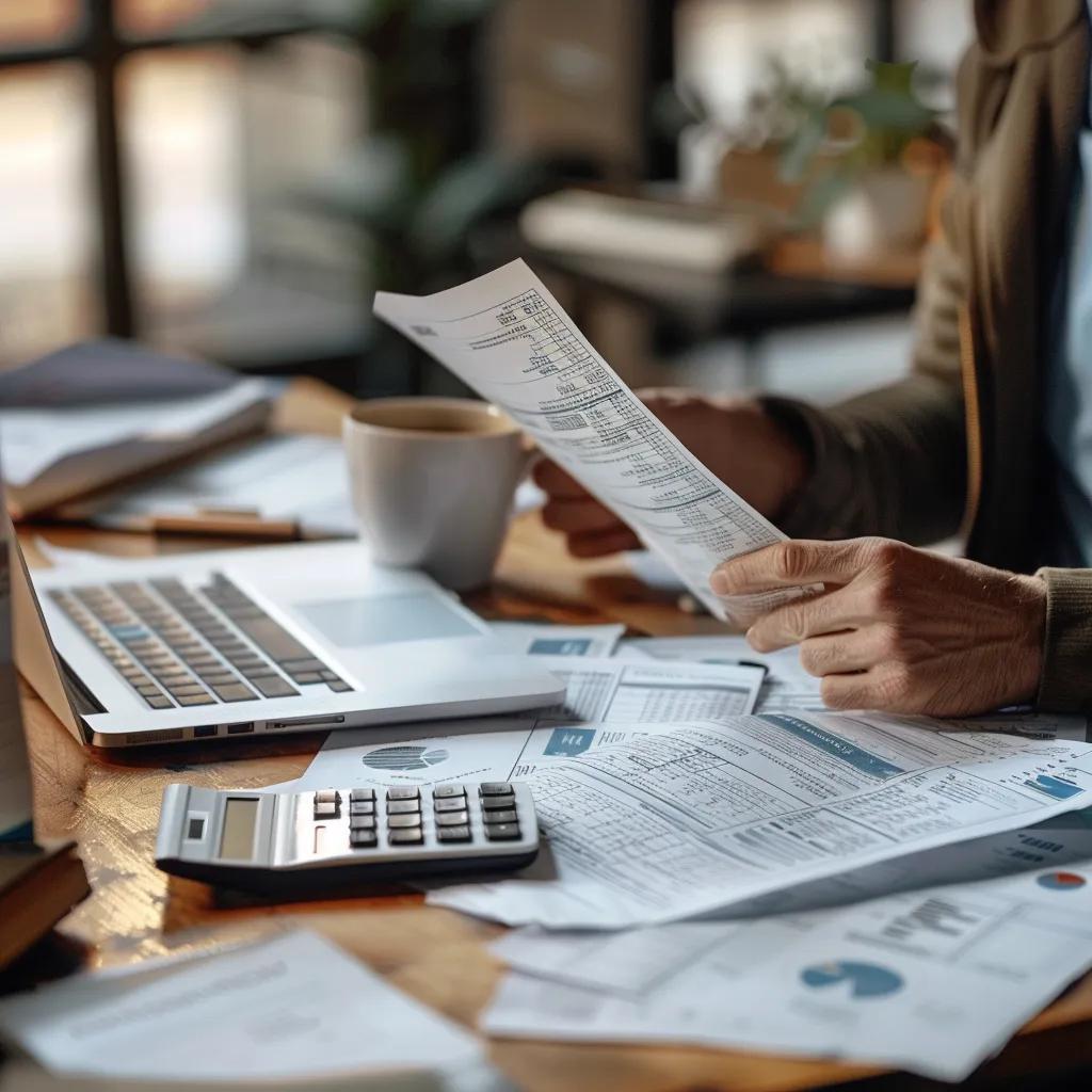Small business owner reviewing startup expenses and deductions at a desk