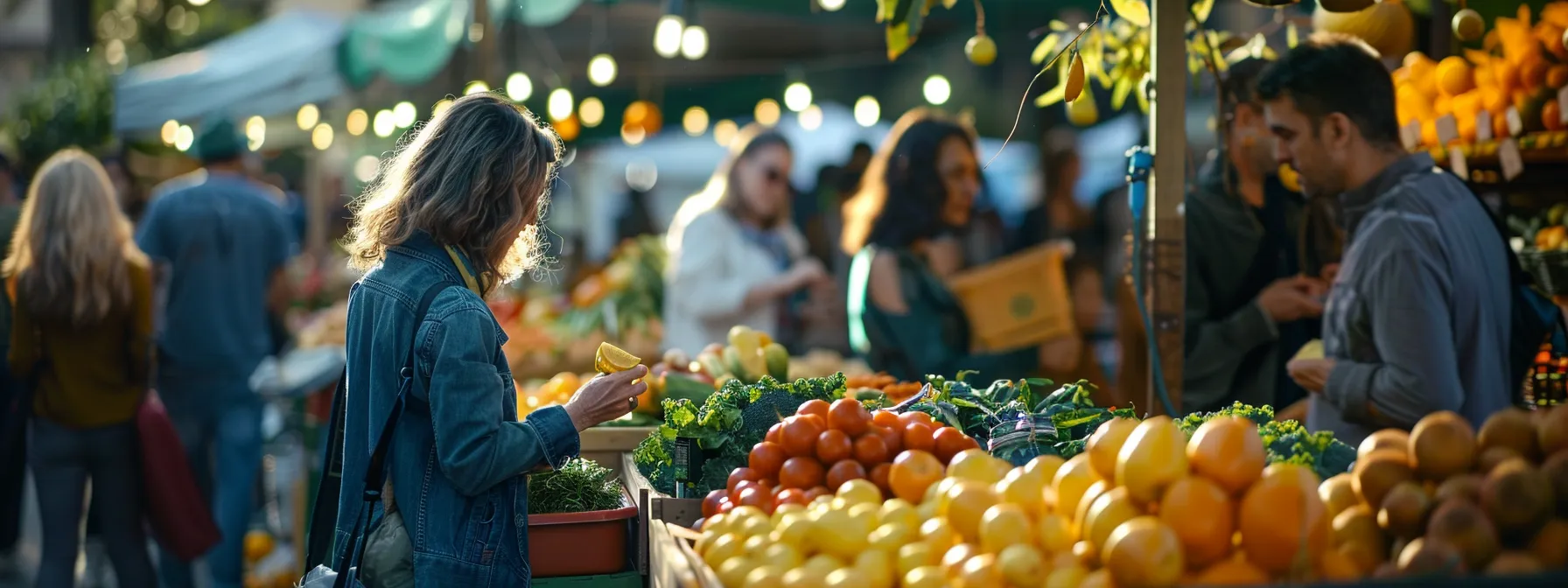 a group of people gathered around a farmers market stand, chatting and exchanging organic food tips and ideas.