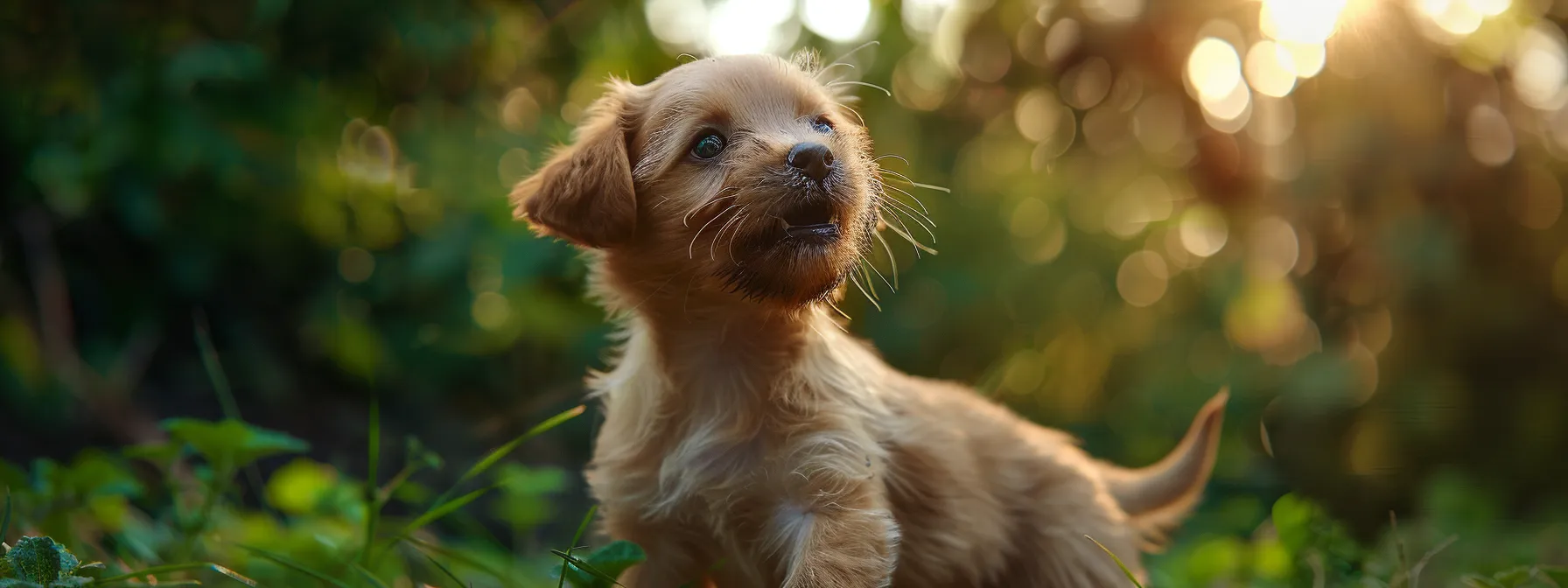 a puppy happily exploring a new environment while wagging its tail.