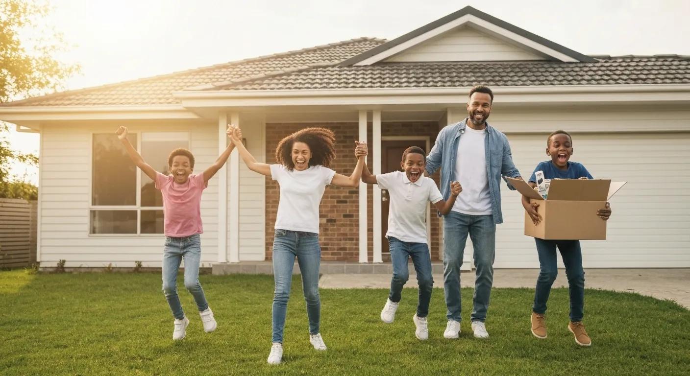 Family celebrating in front of their new home after a successful trade-in Family celebrating in front of their new home after a successful trade-in