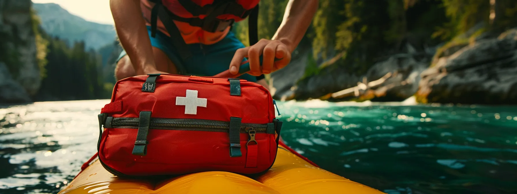 a person on a white water rafting trip reaching for a compact portable first-aid kit.