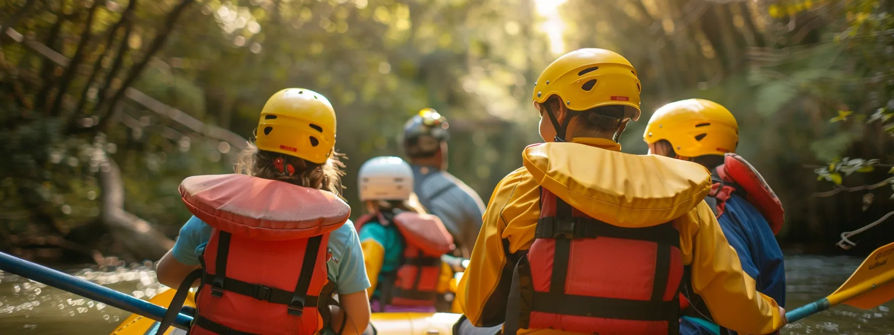 a family sitting in a raft, wearing helmets and life jackets, listening to a guide giving safety instructions before embarking on a whitewater rafting trip.