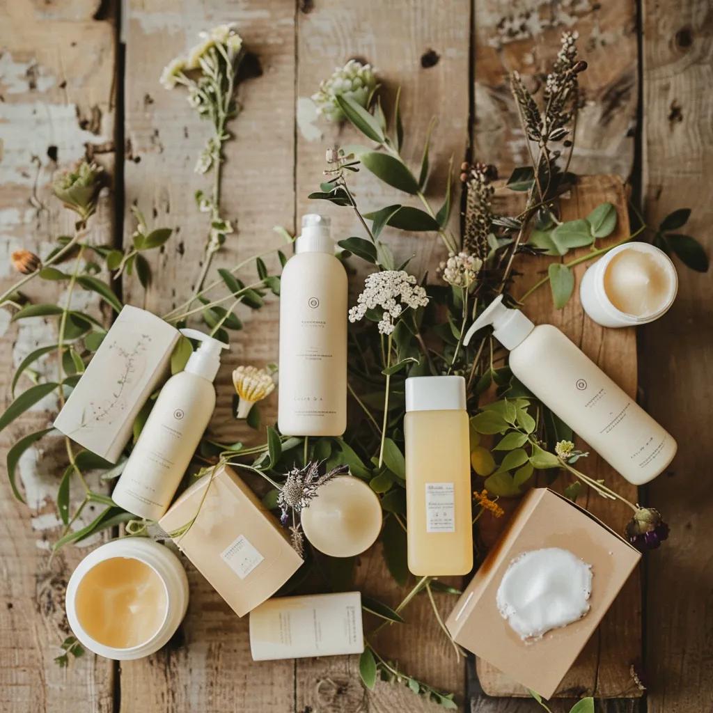 Selection of vegan haircare products with botanical elements highlighting plant-based ingredients