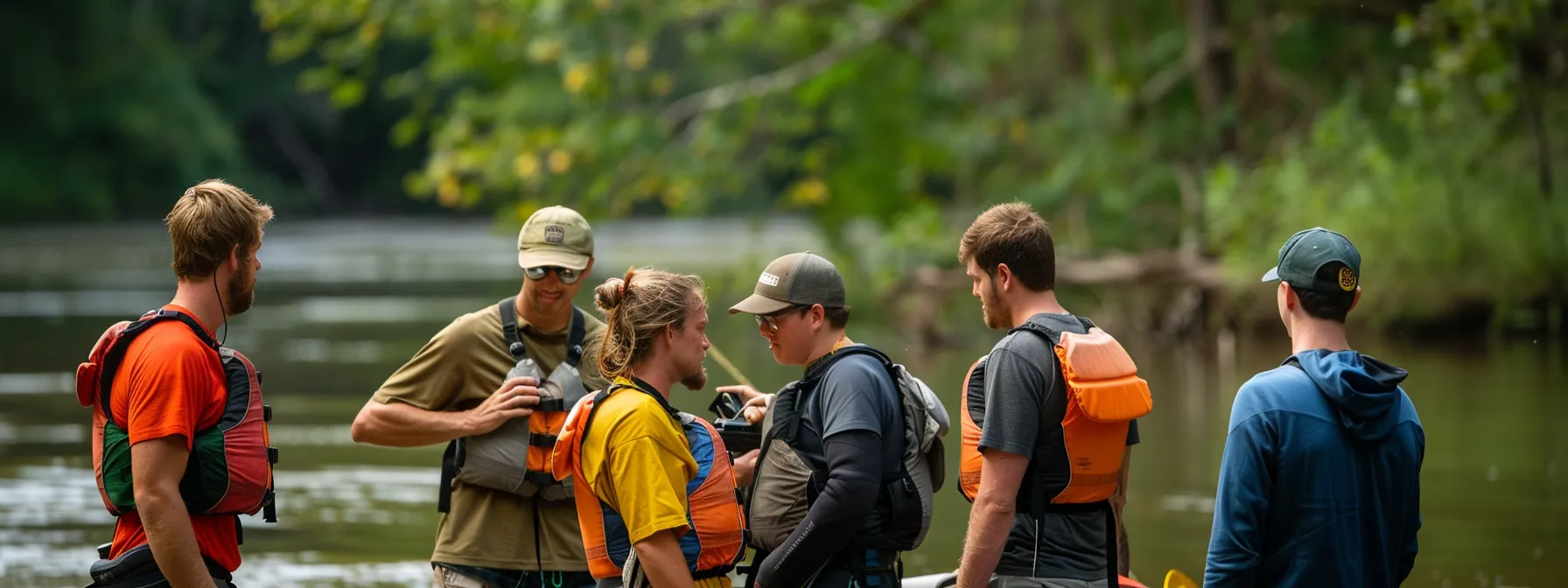 a group of experienced rafters carefully examining water levels and discussing strategy before setting out on the middle ocoee river.