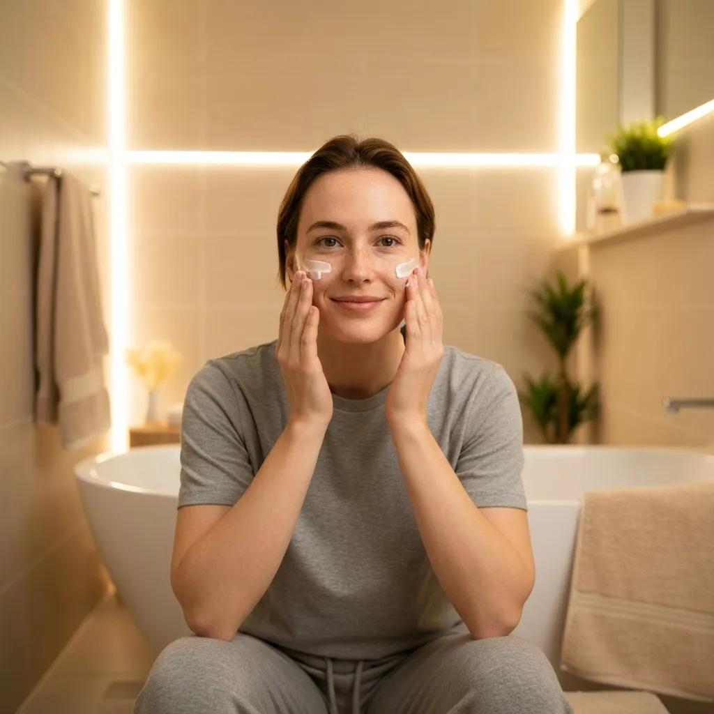 A person gently applying a soothing moisturizer to their face in a well-lit bathroom, post-chemical peel