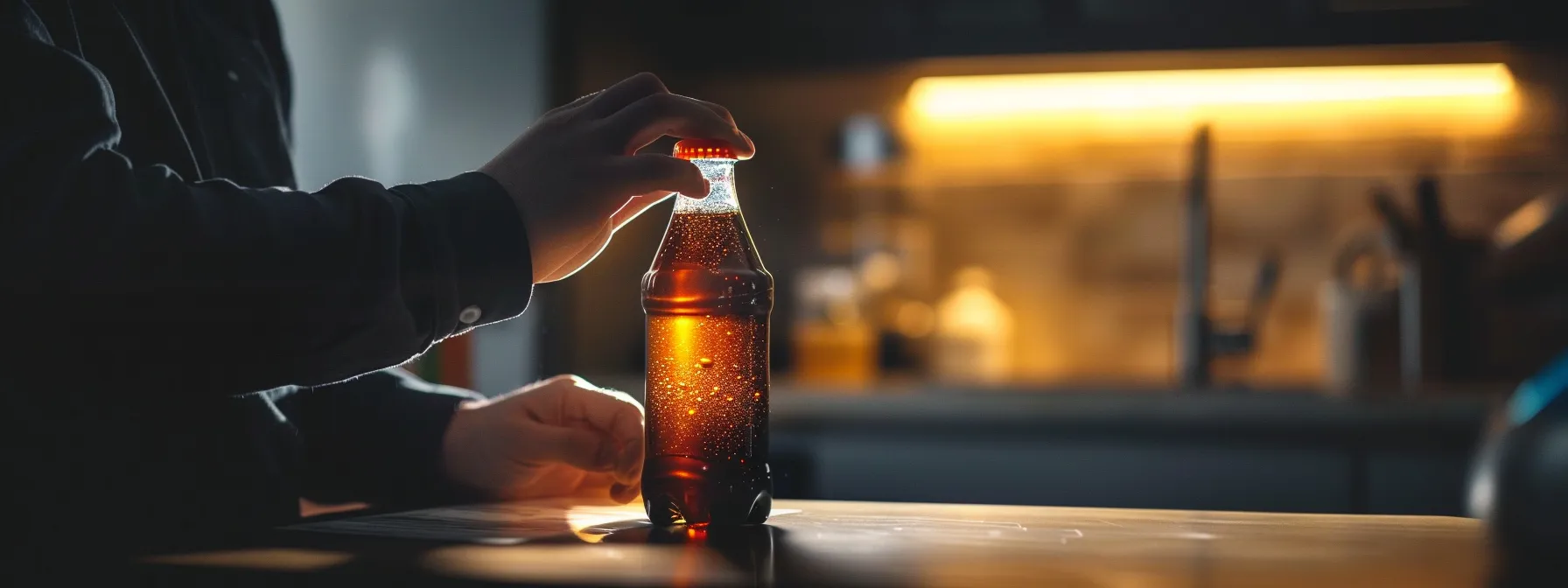 a person examining the nutrition label of a bottle of soda, looking for hidden sugars.