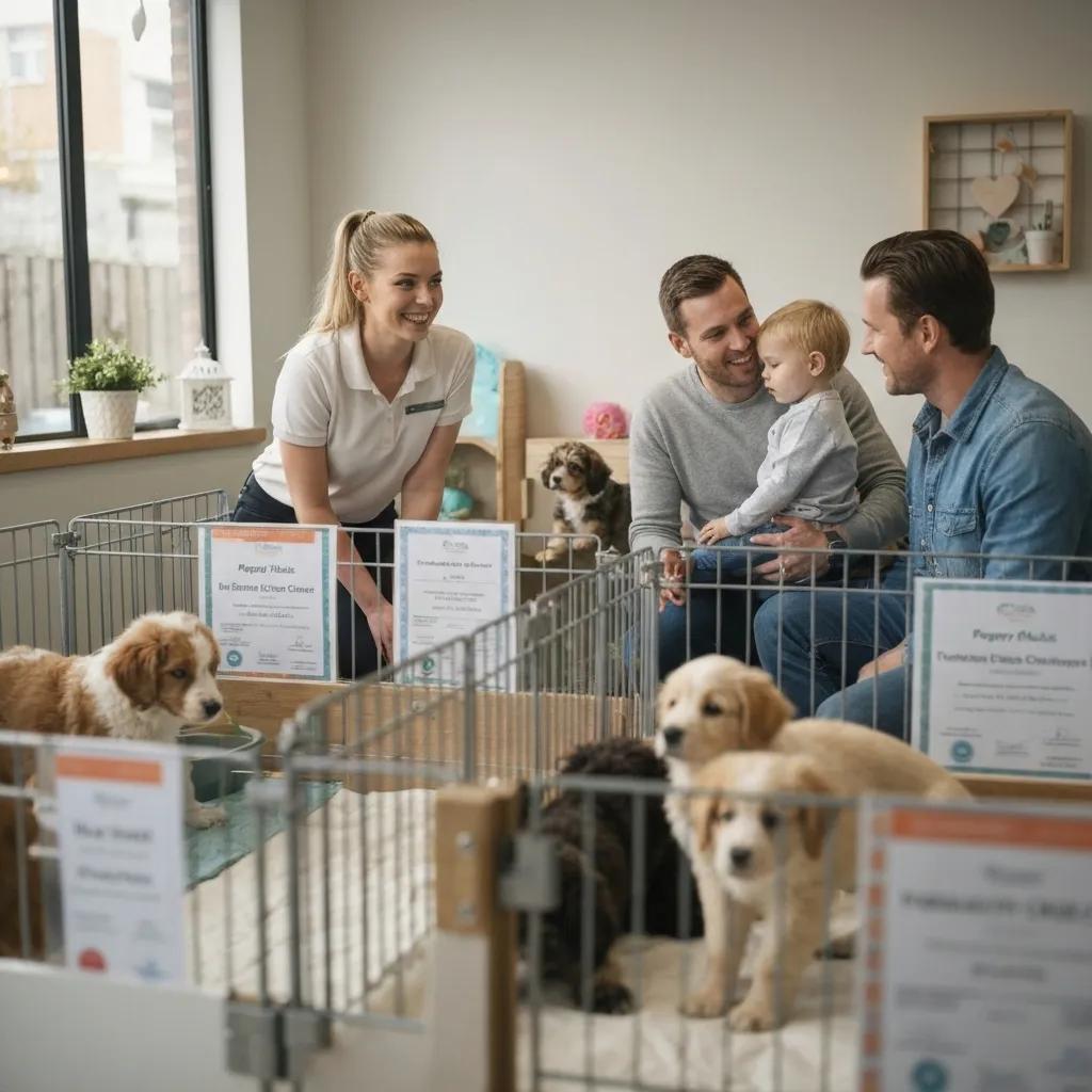 A smiling Puppy Palace team member happily assisting a family with their new puppy, showcasing warmth and dedication