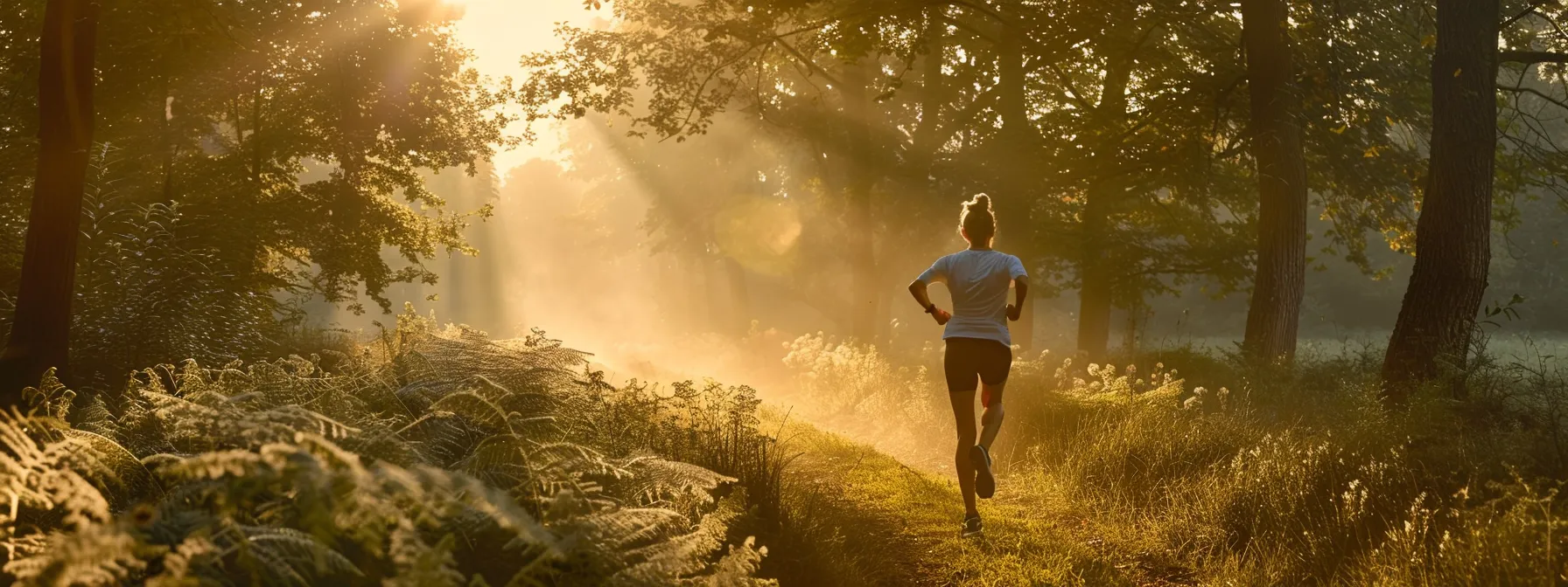 a person running in the early morning sunlight, surrounded by trees and nature, with a peaceful expression on their face.