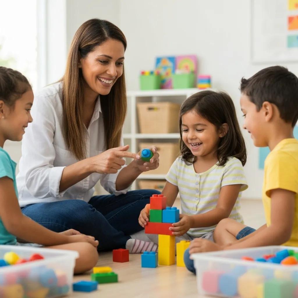 Children actively participating in a guided play session with a therapist to practice social interaction skills