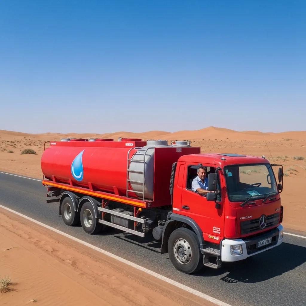 GPS-tracked water delivery truck driving on a desert road, illustrating our commitment to timely water delivery