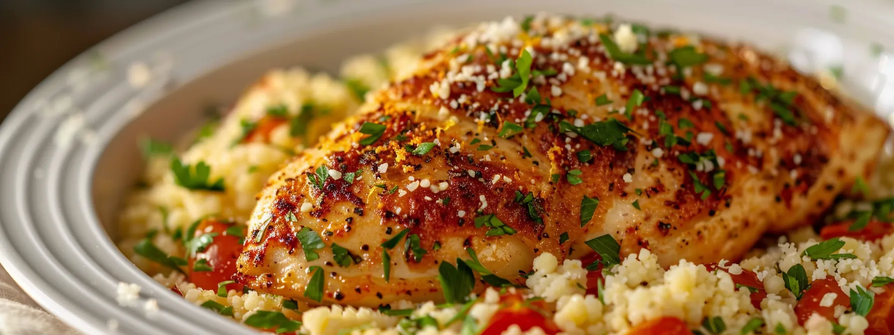 a golden-baked parmesan chicken atop fluffy couscous, drizzled with tangy citrus and sprinkled with fresh herbs.