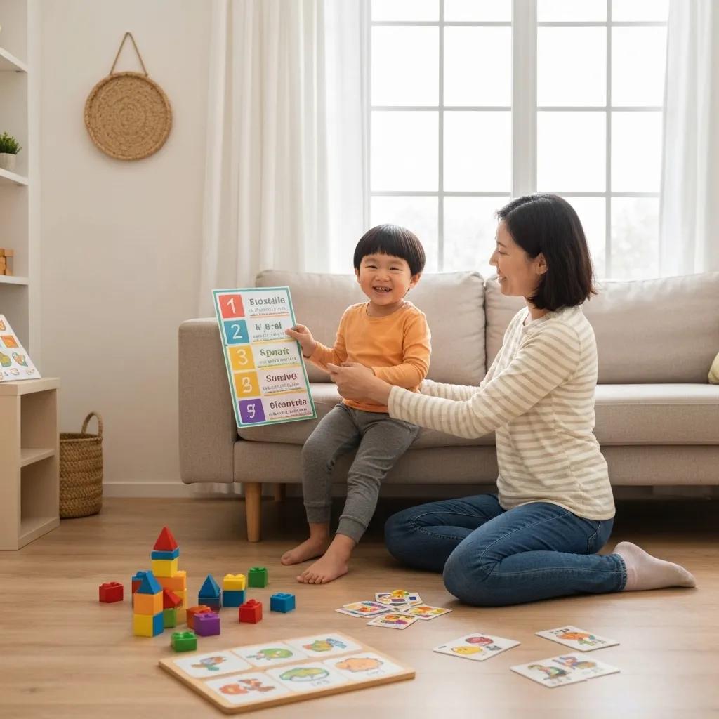 A parent using visual schedules with their child in a comfortable living room setting.