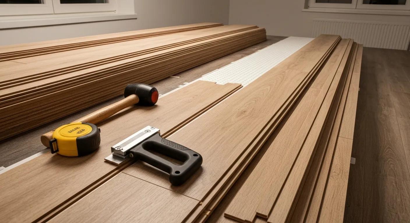 A workspace equipped with tools for preventing gaps during laminate flooring installation