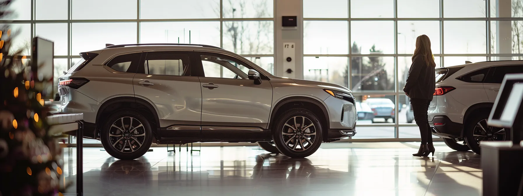 a person carefully examining financing options and manufacturer incentives on a sleek, certified pre-owned suv in indianapolis showroom.