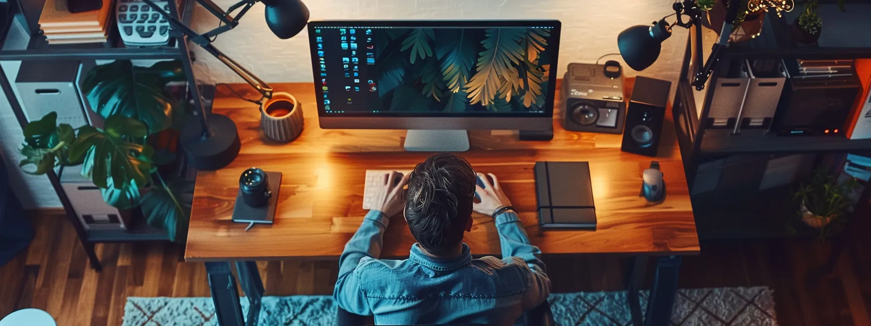 a person sitting at a well-organized desk with ergonomic tech accessories, scheduling a digital detox for productivity and personal care.