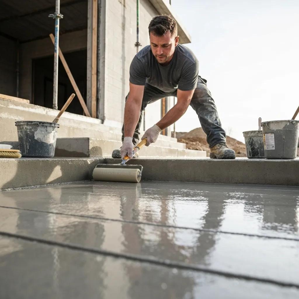 Worker applying polymer-modified overlay during concrete resurfacing process
