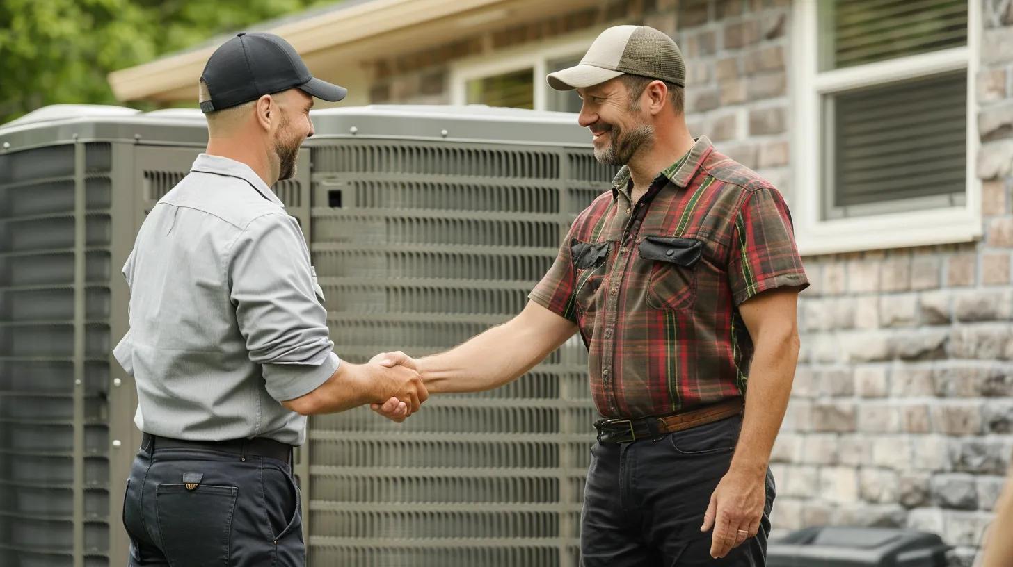 A friendly technician in a uniform shaking hands with a homeowner in front of an air conditioner unit
