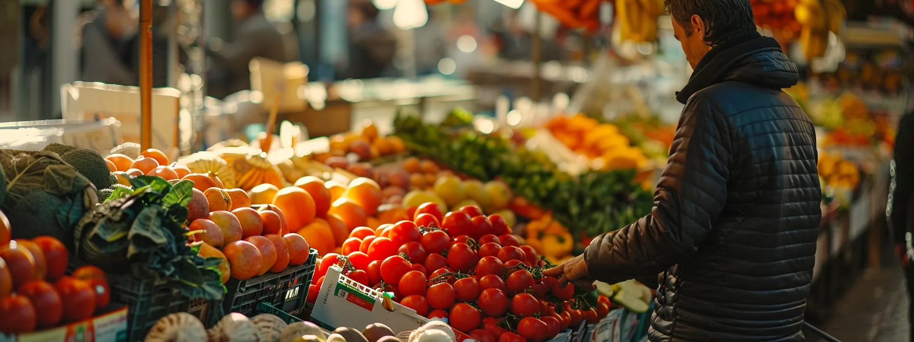 a person selecting fresh fruits and vegetables at a bustling farmer's market.