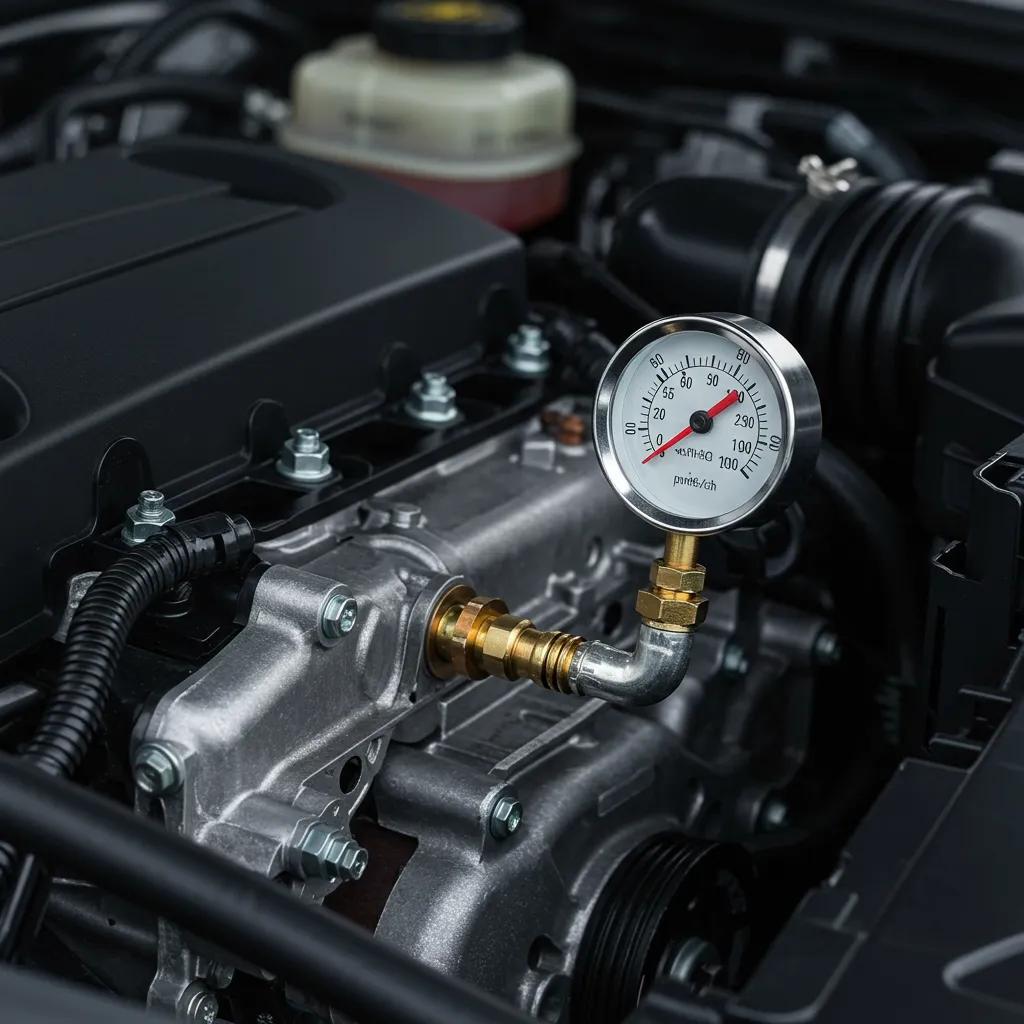 Close-up of a car engine showing coolant hoses and a thermometer gauge, illustrating overheating issues