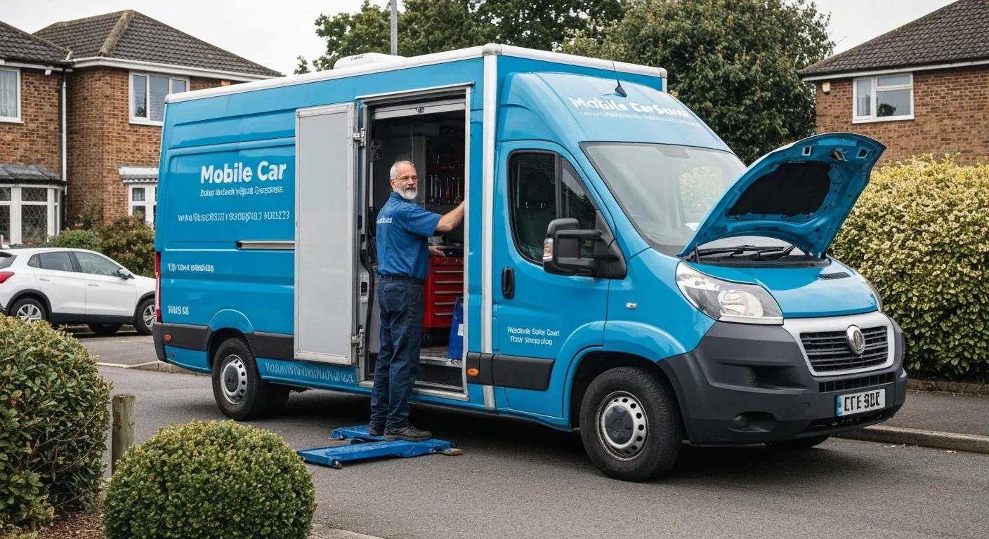 Mobile car servicing van parked on a residential driveway with a mechanic attending to a vehicle, highlighting the convenience for busy professionals