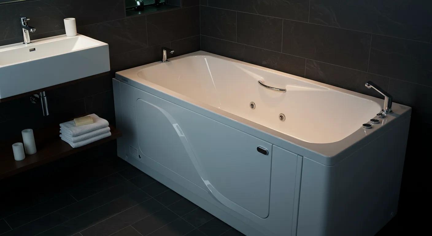 a modern bathroom featuring a luxurious walk-in tub with sleek lines and innovative design, illuminated by ambient lighting, emphasizing the comfort and accessibility it offers for a serene bathing experience.