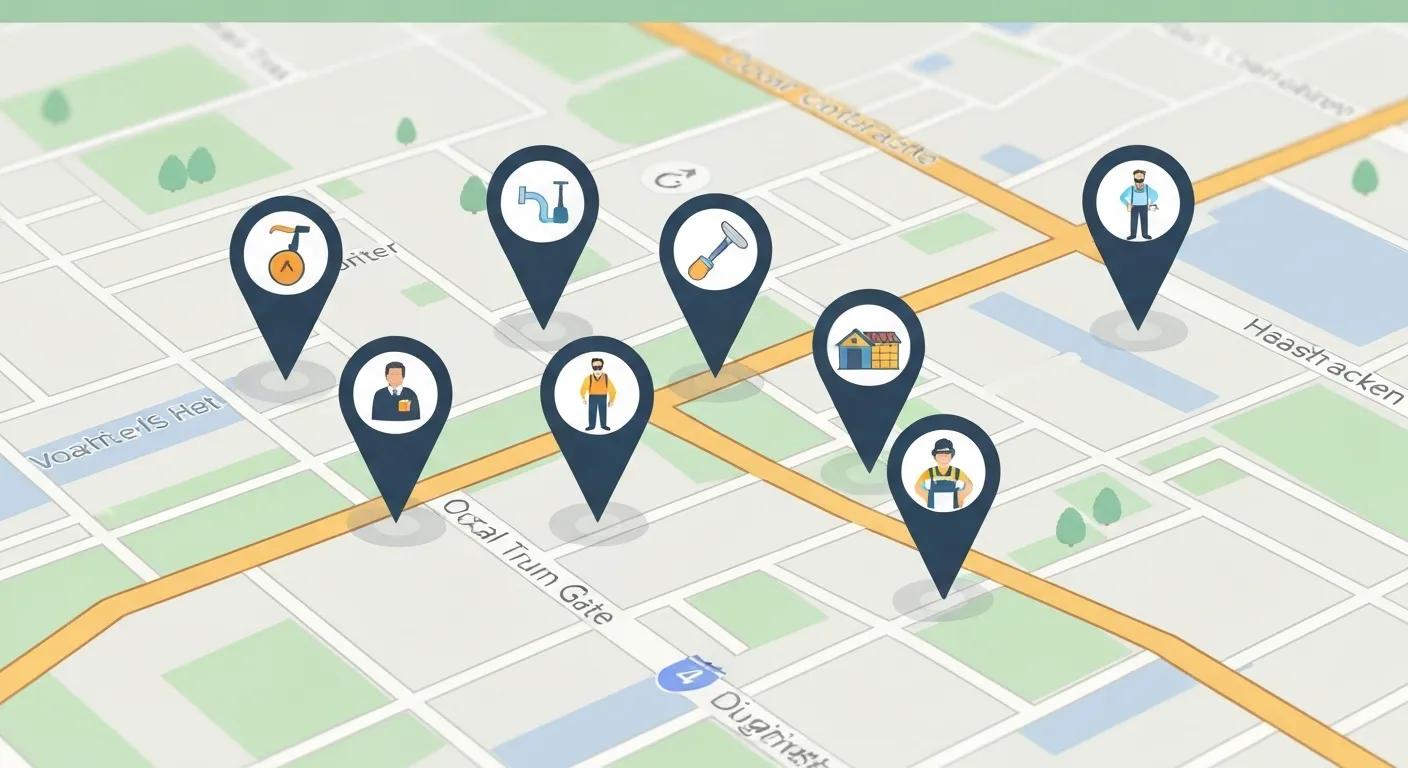Map showing local search results with pins on businesses, illustrating local SEO's impact on contractor visibility.