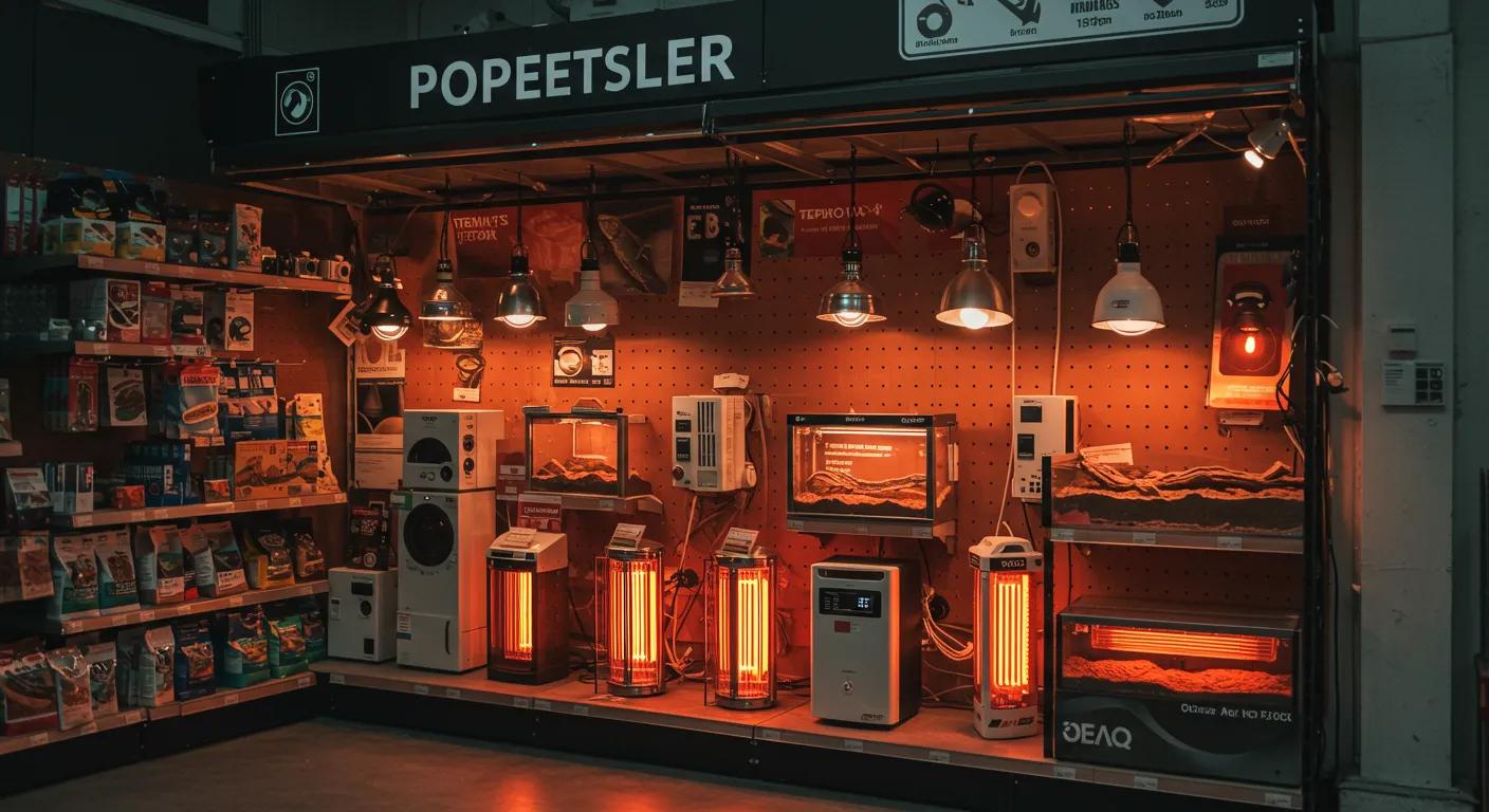 a sleek, modern reptile care display in a well-lit urban pet shop showcases an array of energy-efficient heating equipment, including vibrant heat lamps and advanced digital thermostats, emphasizing the innovation and reliability of top brands. a sleek, modern reptile care display in a well-lit urban pet shop showcases an array of energy-efficient heating equipment, including vibrant heat lamps and advanced digital thermostats, emphasizing the innovation and reliability of top brands.