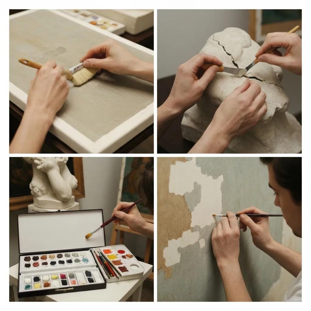 A detailed demonstration of essential art restoration techniques, including careful surface cleaning and precise inpainting
