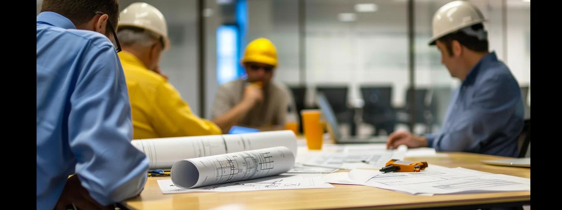 a modern office environment showcases knoxville commercial contractors engaged in a focused discussion around a sleek conference table, surrounded by blueprints and licensing documents, emphasizing the critical role of licensing in their projects.
