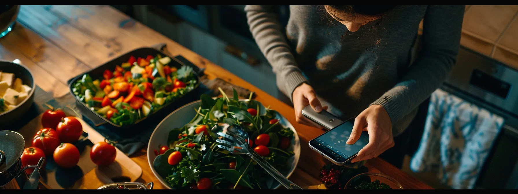 a person syncing a digital fitness tracker to their smartphone while meal planning on an app.