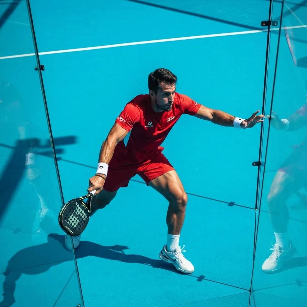 Speler gebruikt de glaswand in een rally; laat de unieke tactiek van padel zien
