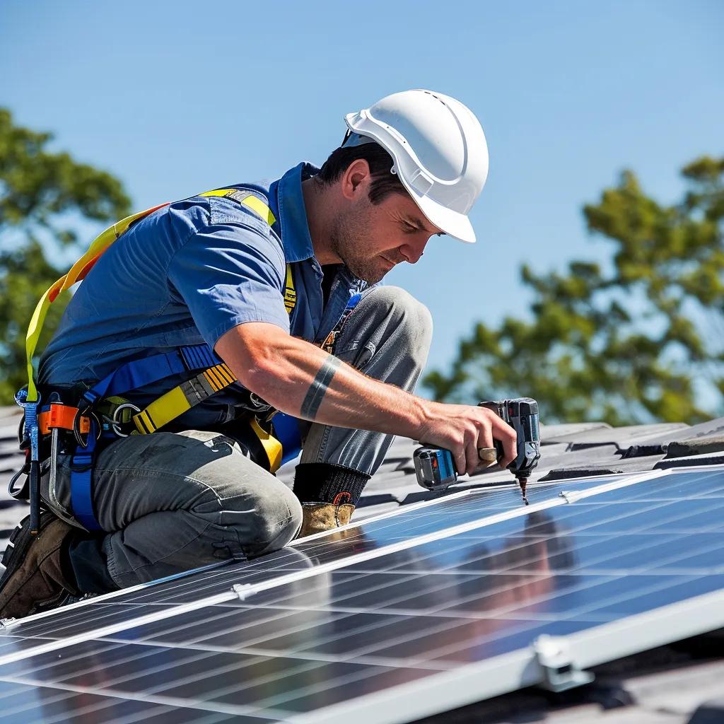 Professional installer working on solar panel installation on a residential roof, highlighting the installation process Professional installer working on solar panel installation on a residential roof, highlighting the installation process