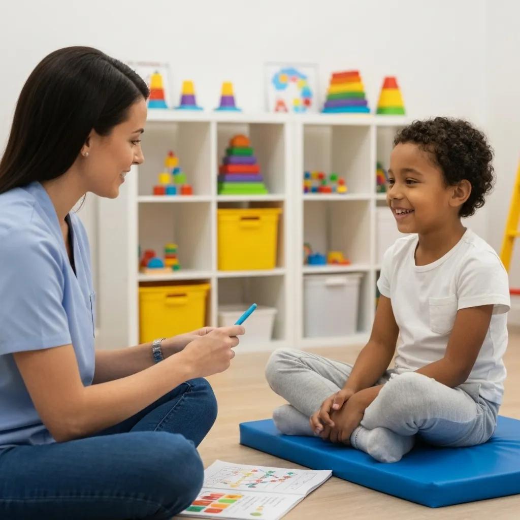 Child engaging in ABA therapy with a therapist in a bright, supportive environment