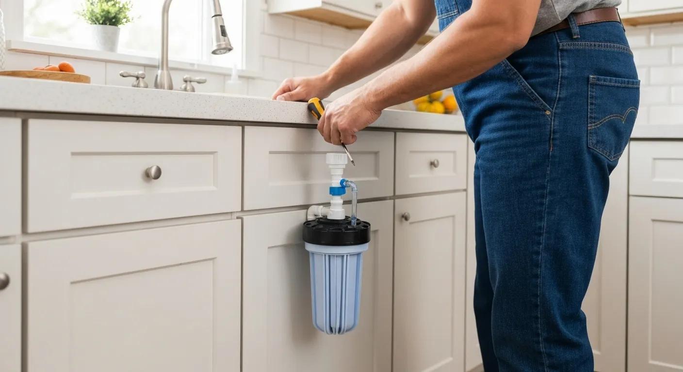 Person installing a Whirlpool under-sink water filter in a kitchen