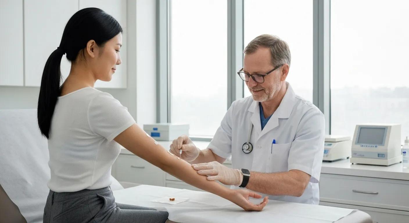 Patient undergoing skin prick allergy test in a clinical environment