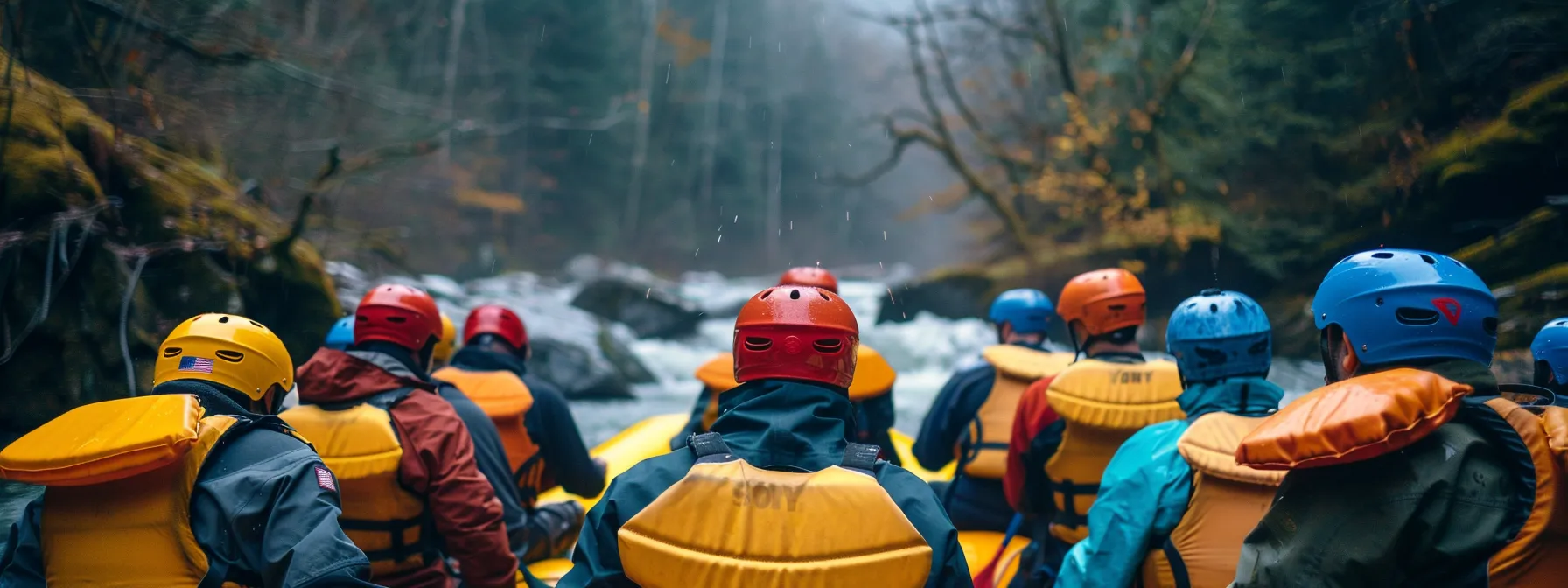 a group of excited rafters donning colorful life jackets and helmets, standing by a rushing river in tennessee, eagerly preparing for their unforgettable whitewater adventure.