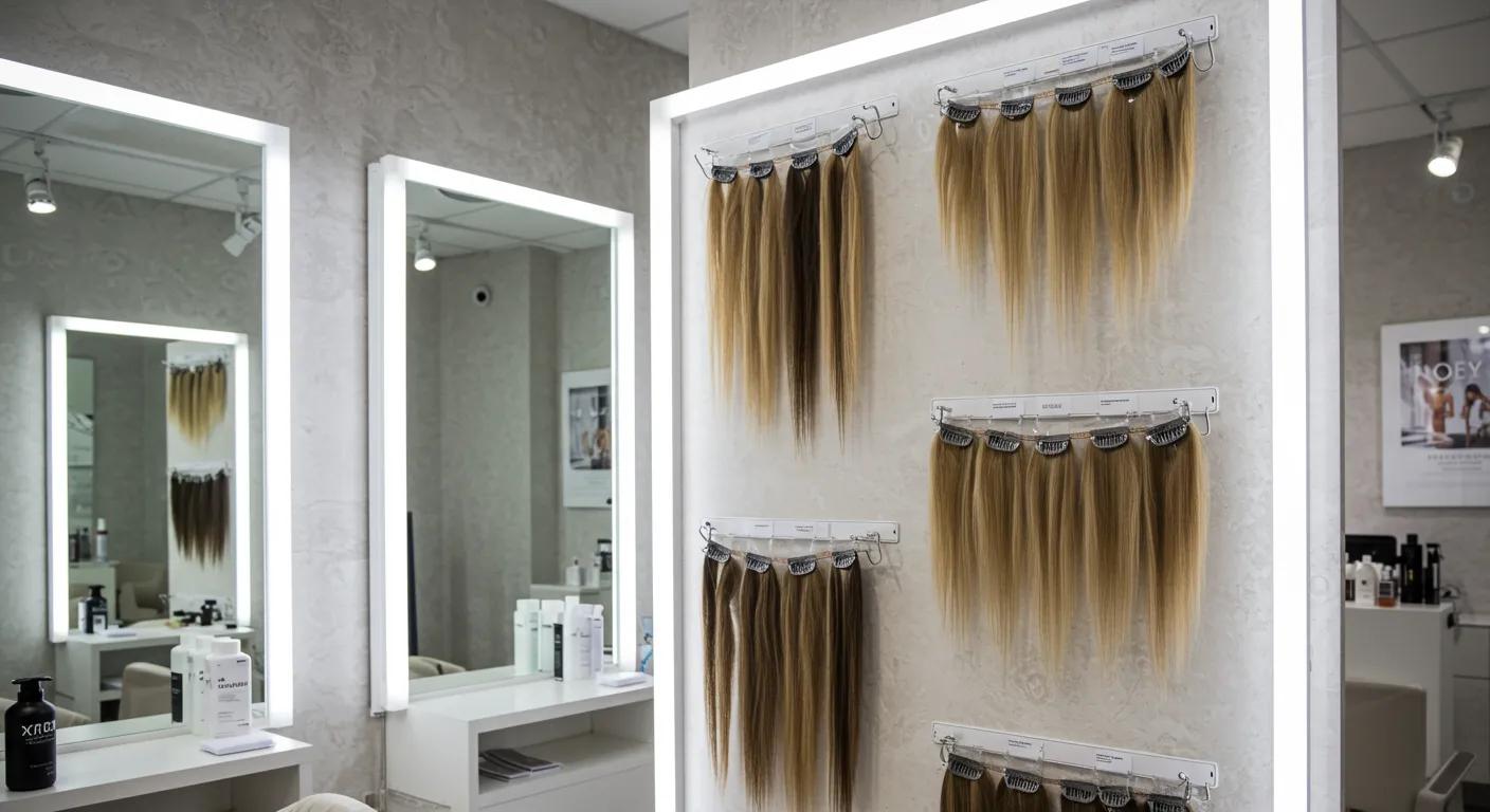 a sleek, modern beauty salon interior showcases a stunning display of clip-in hair extensions, highlighting the innovative spring-loaded clips and lightweight design with soft, flattering lighting that emphasizes the seamless blending and effortless installation process. a sleek, modern beauty salon interior showcases a stunning display of clip-in hair extensions, highlighting the innovative spring-loaded clips and lightweight design with soft, flattering lighting that emphasizes the seamless blending and effortless installation process.