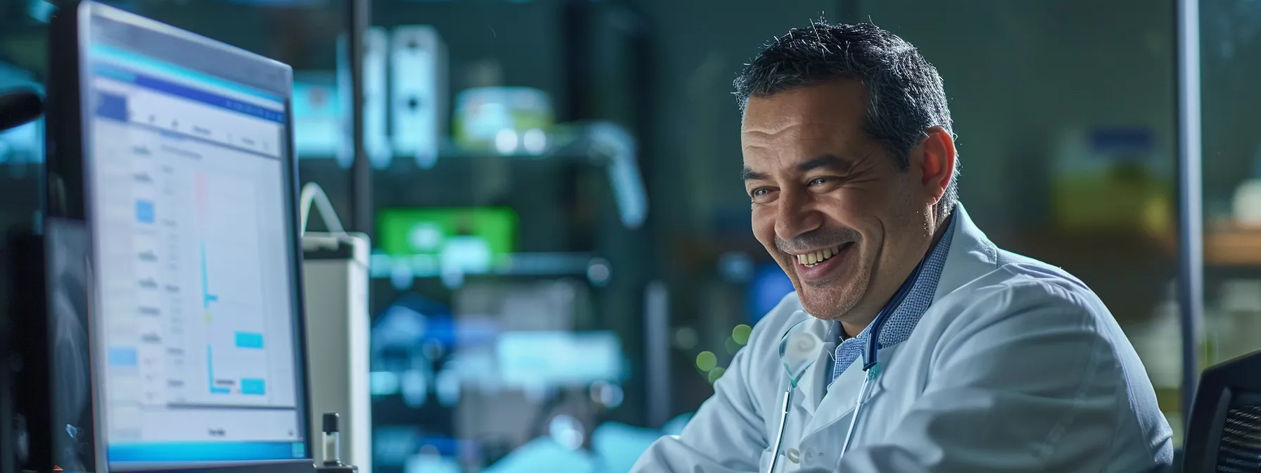 a doctor smiling while reading positive patient reviews on a computer screen.