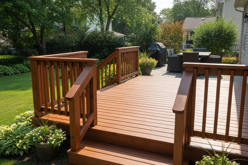 Freshly restored wooden deck with new stain and smooth surface, surrounded by greenery, representing deck restoration cost value and long-term durability.
