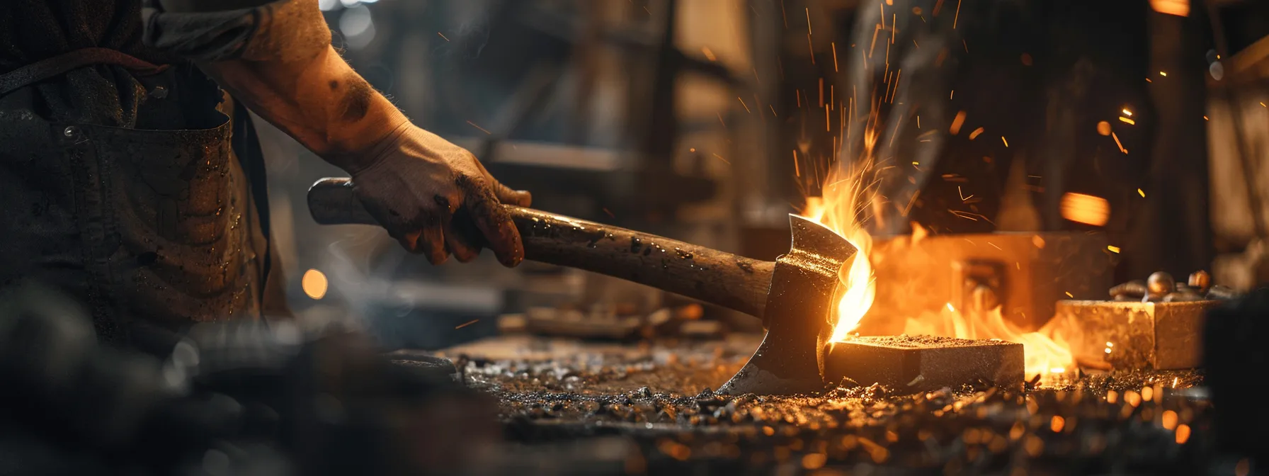 a person heating an axe head in a vice.