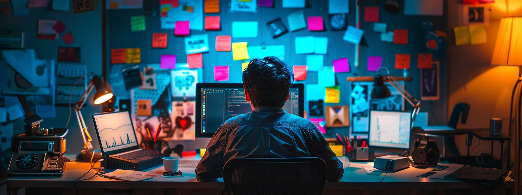 a person sitting at a desk, surrounded by various digital devices and sticky notes with a focused expression on their face.