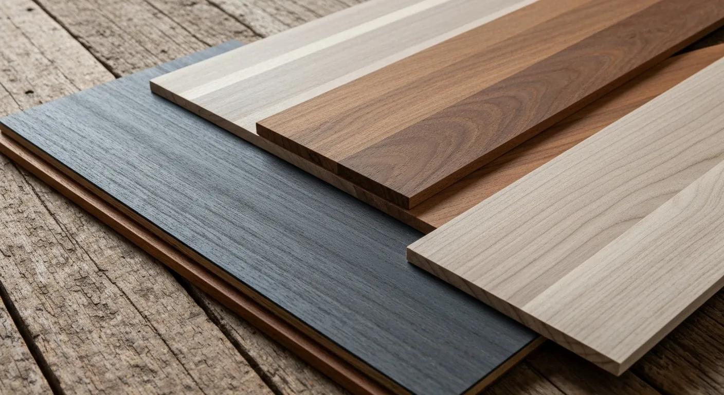 A selection of sustainable Australian timber samples, including Tasmanian oak and Victorian ash, laid out on a rustic wooden surface