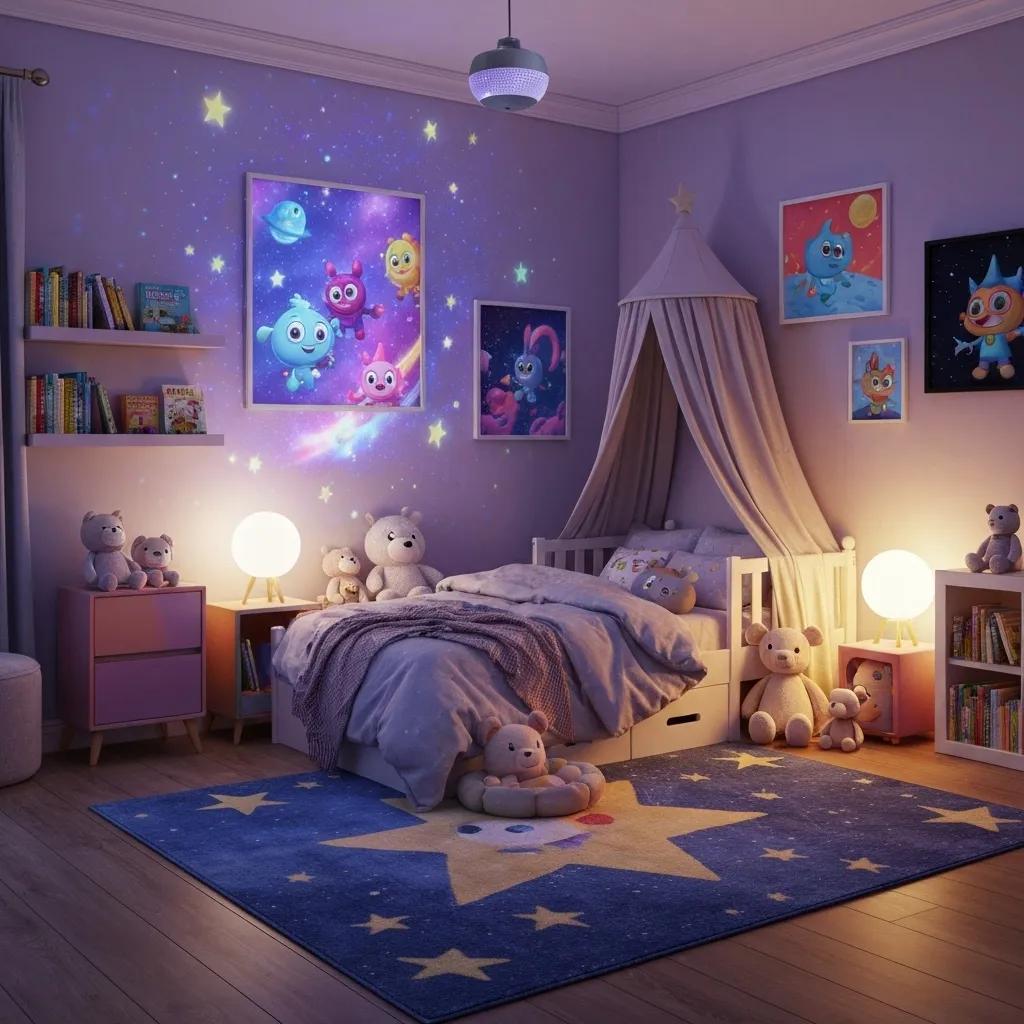 A child's bedroom featuring a fun, cartoon-themed galaxy projector, creating a calming atmosphere for bedtime